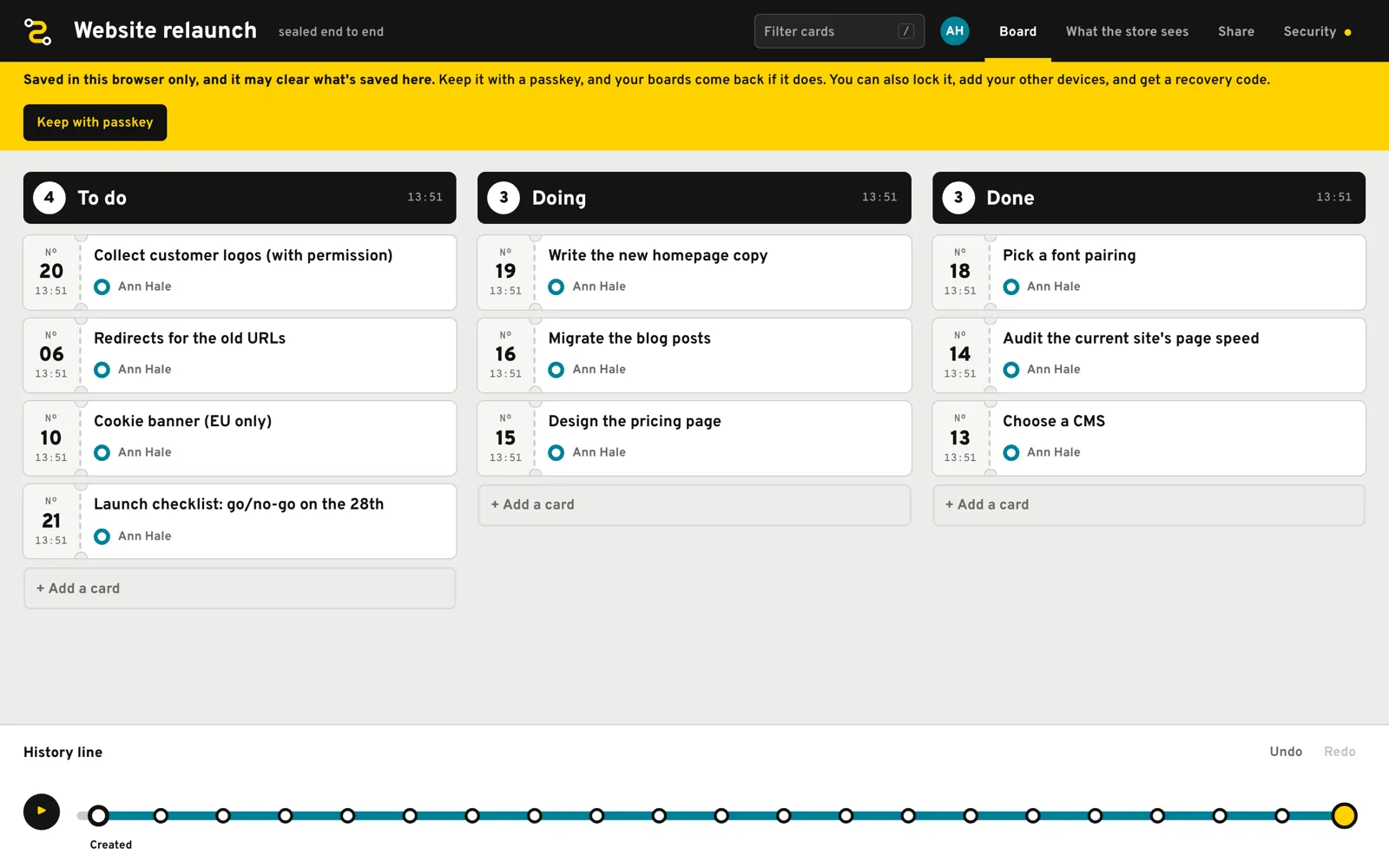 A kanban board with To do, Doing and Done columns of cards