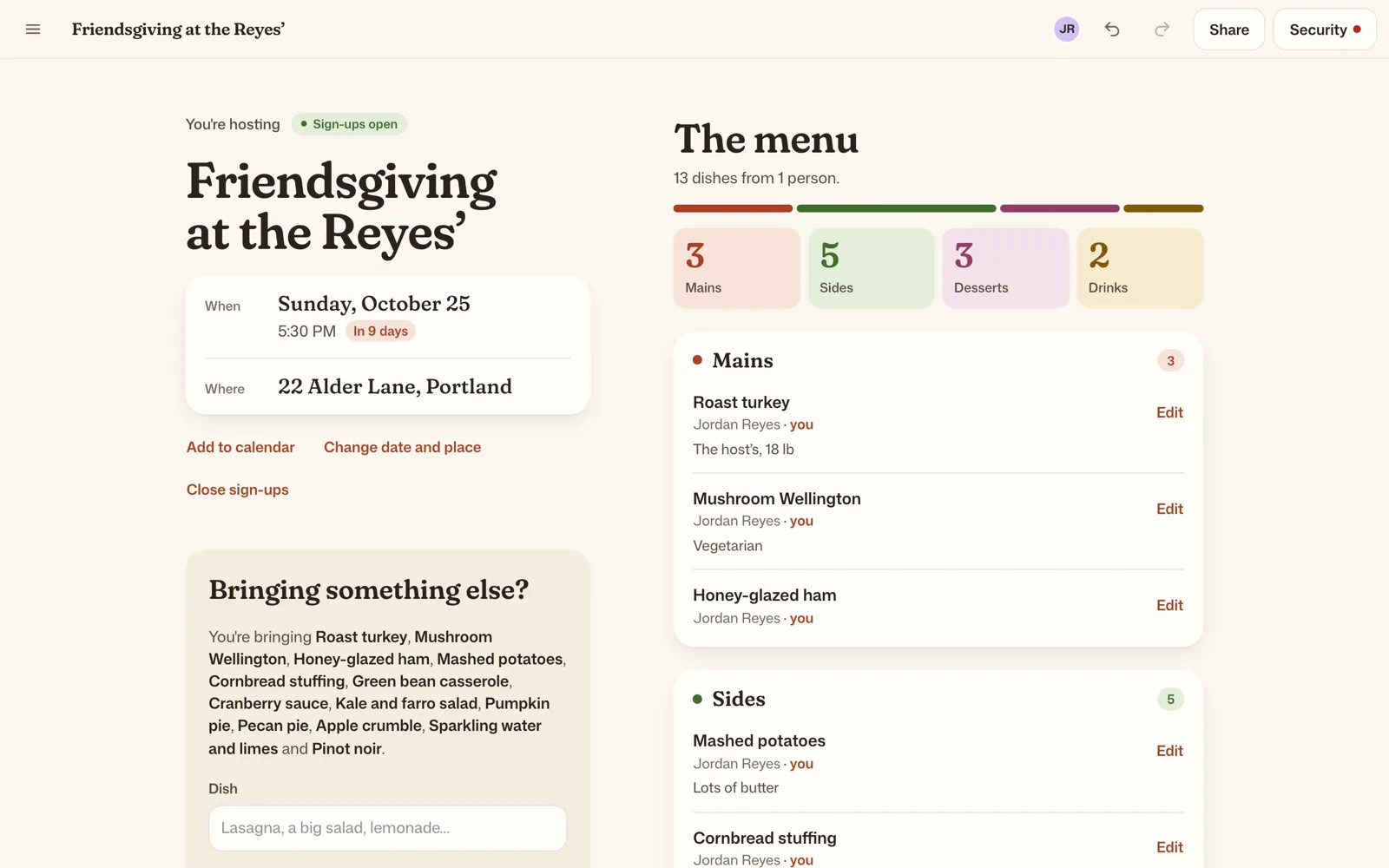 A potluck invitation, Friendsgiving at the Reyes', with its menu of mains, sides, desserts and drinks